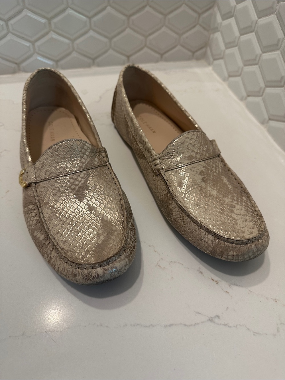 Cole Haan Elise Metallic Gold Snake Print Leather Driving Loafers - Size 9 1/2